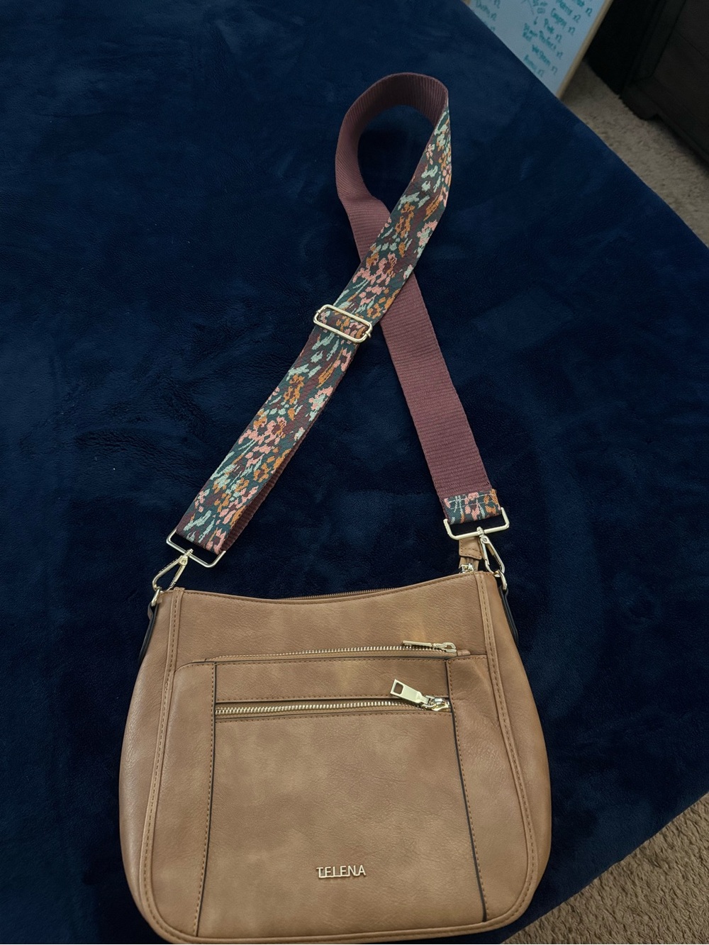 Telena Tan Crossbody Bag with Floral Webbing Strap